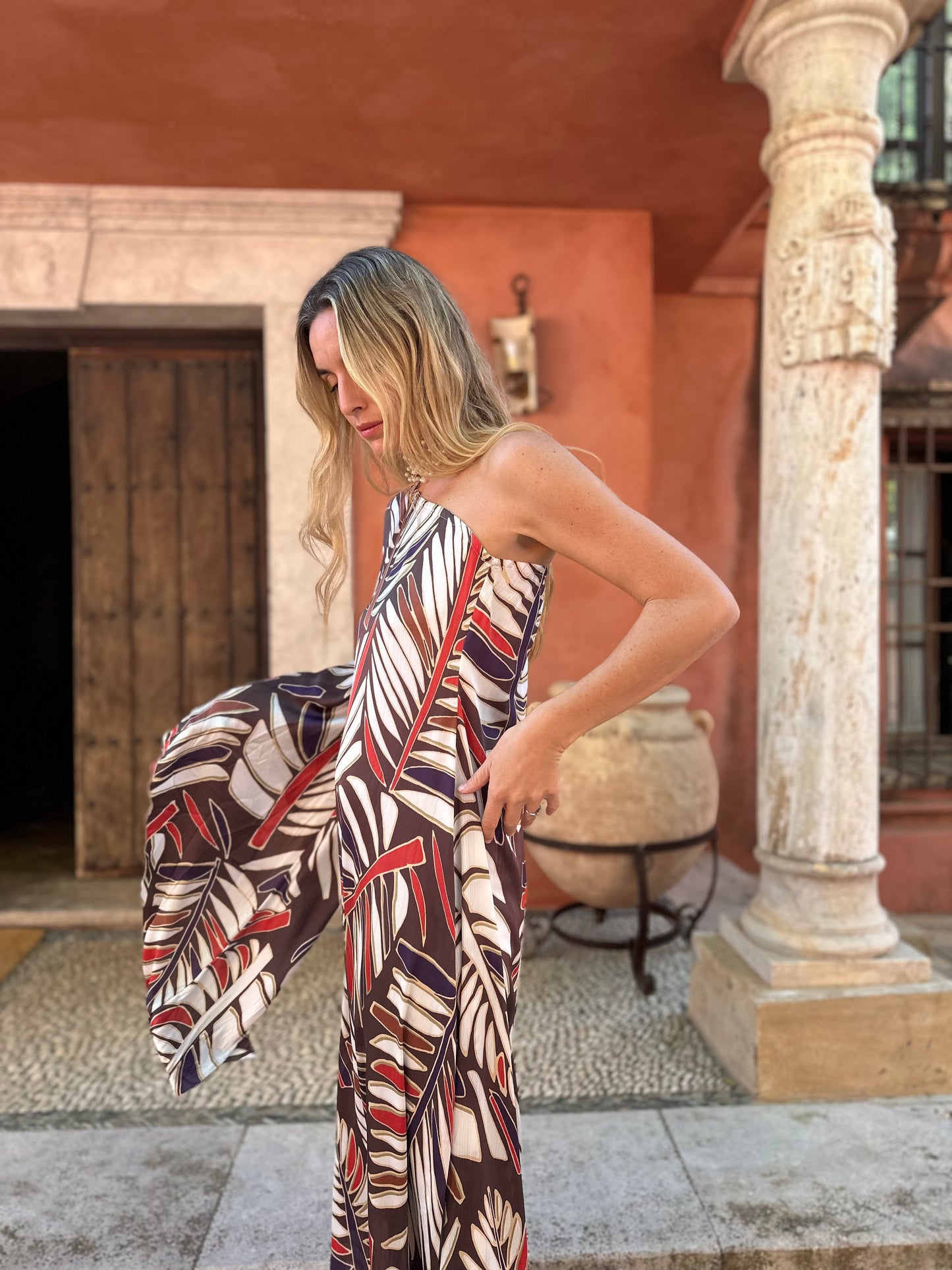 Vestido seda hoja