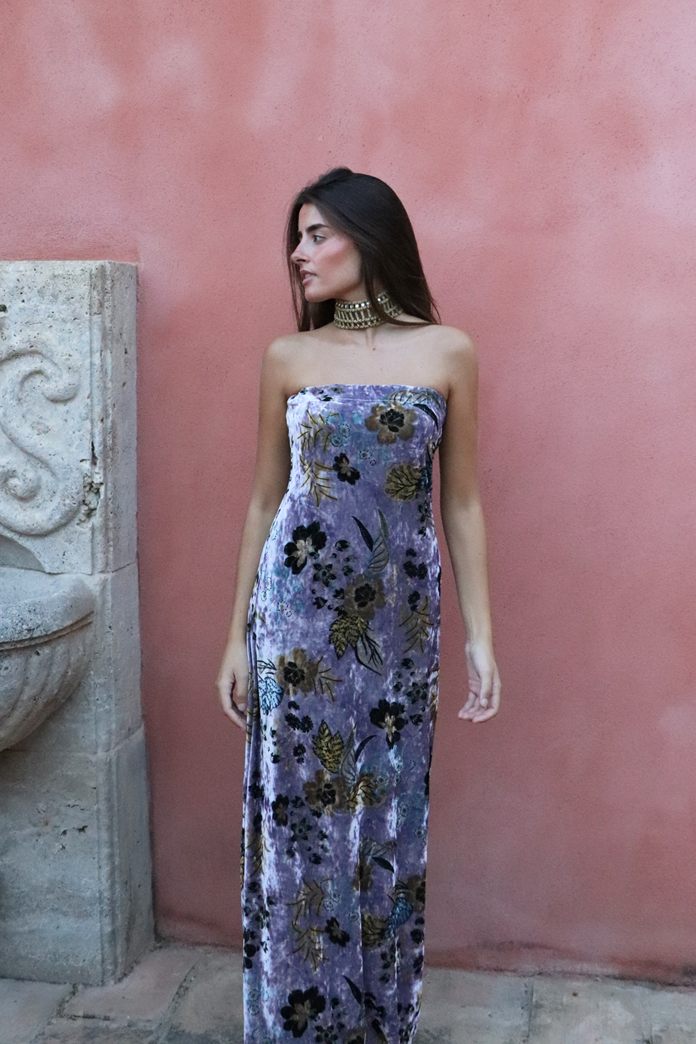 Vestido Terciopelo flor berenjena