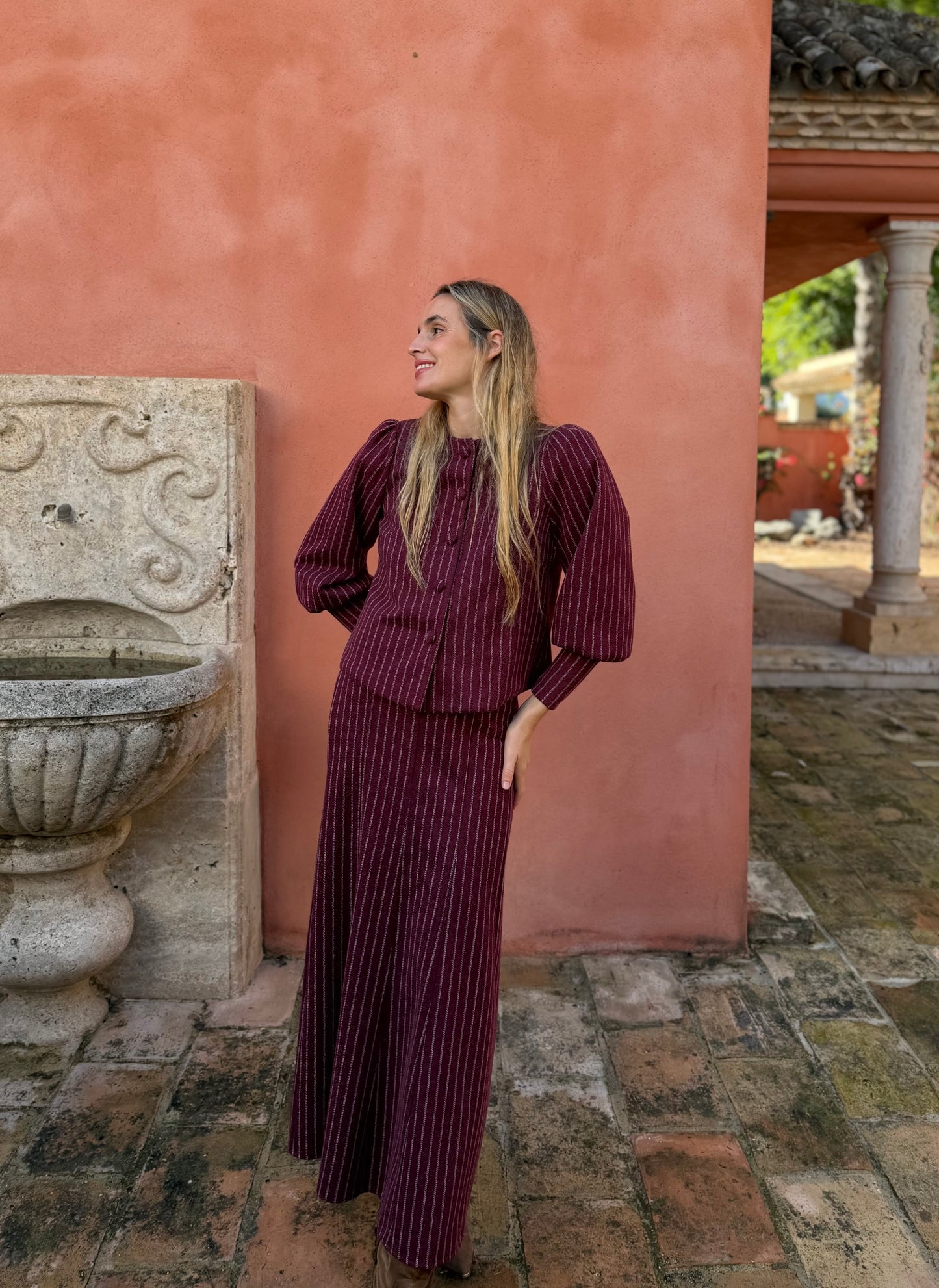 Falda lana raya diplomática burdeos