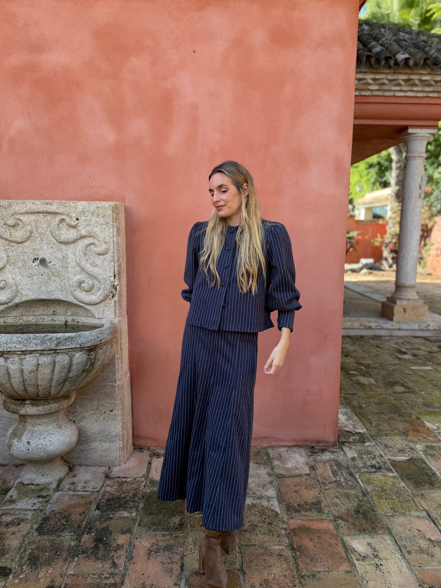 Falda lana raya diplomática azul marino