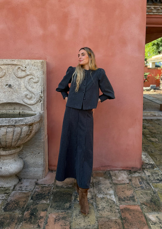 Falda lana raya diplomática gris