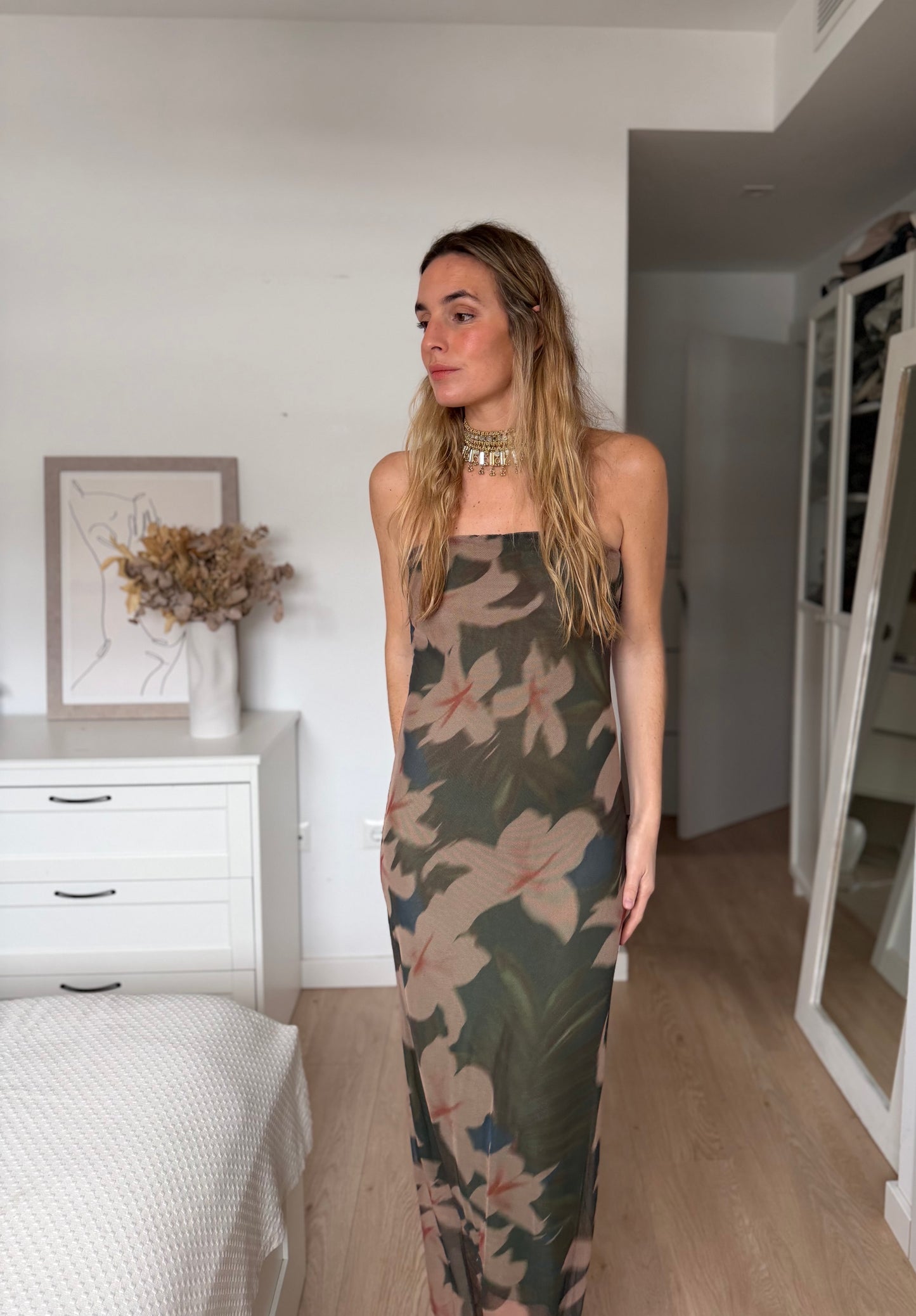 Vestido tul flores verde