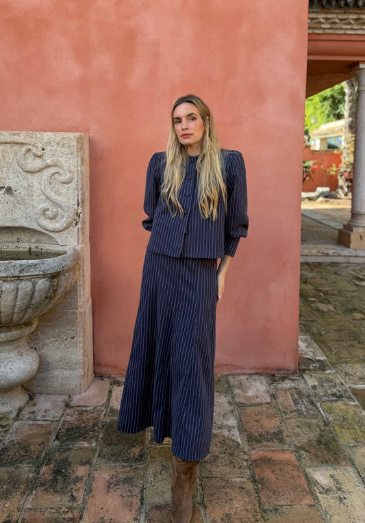 Falda lana raya diplomática azul marino