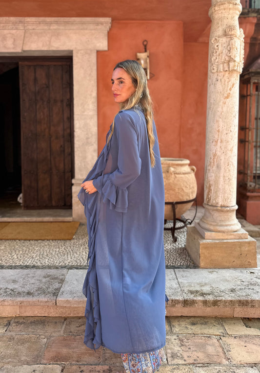 Abrigo gasa volantes azul grisáceo