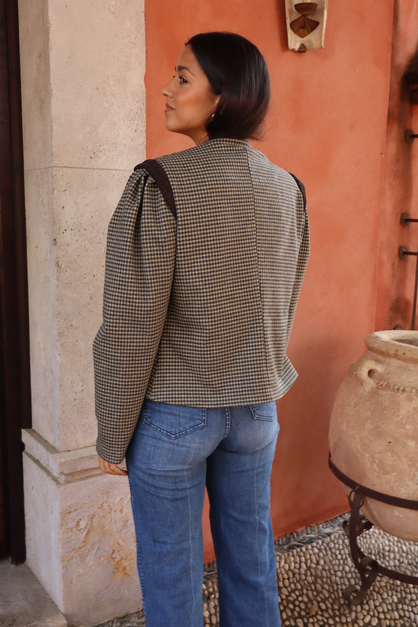 Chaqueta pata de gallo gris y beige