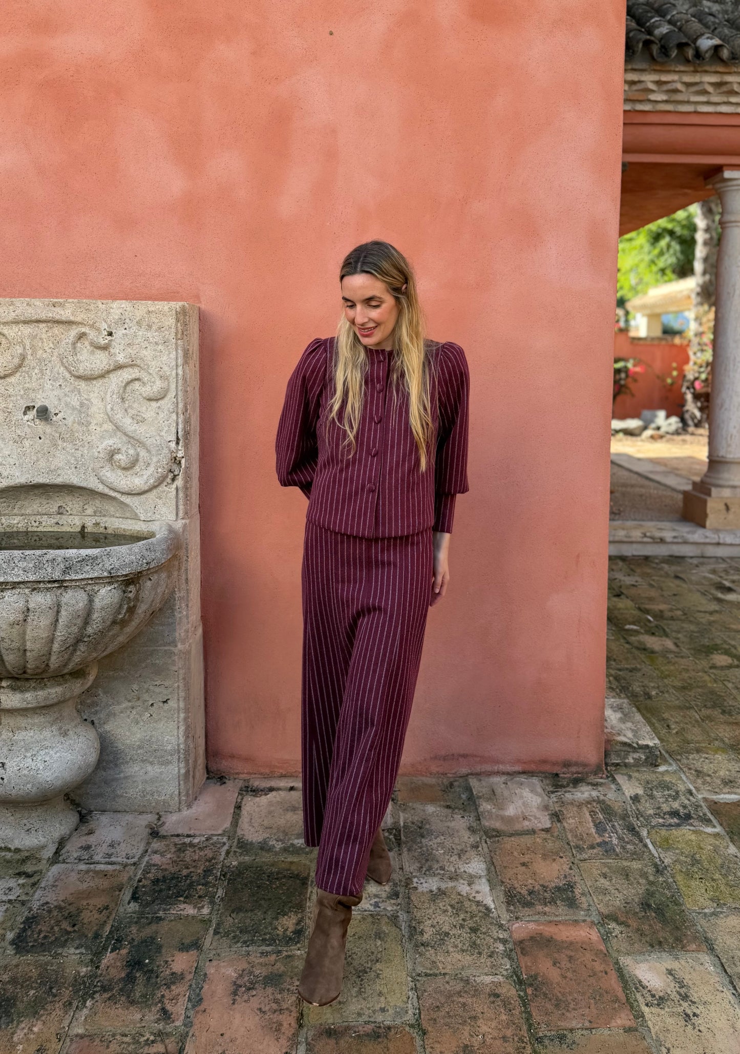 Falda lana raya diplomática burdeos