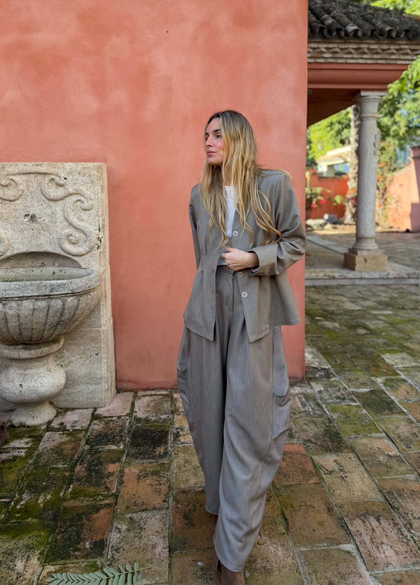 Pantalón traje tablas visón