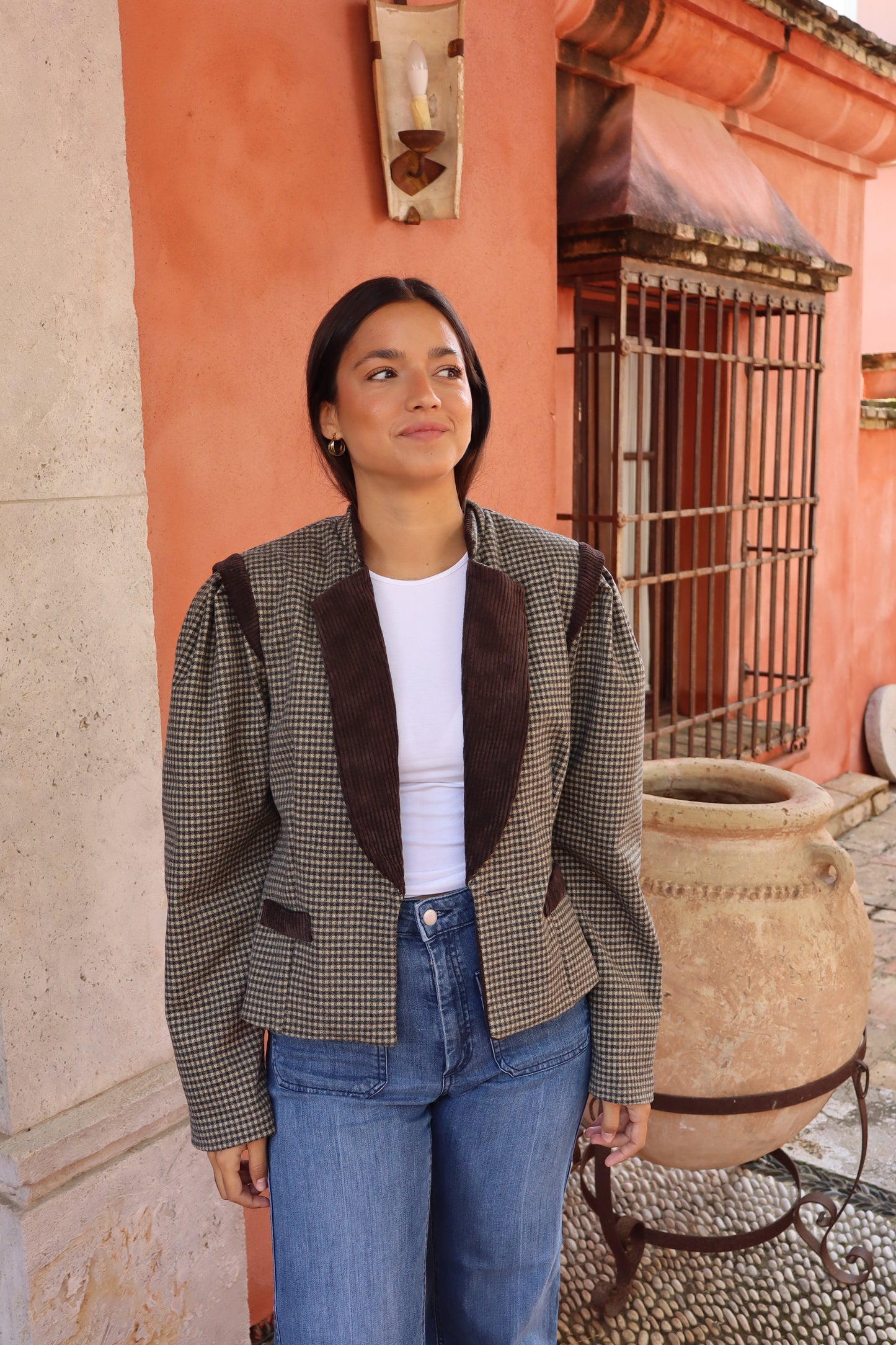Chaqueta pata de gallo gris y beige