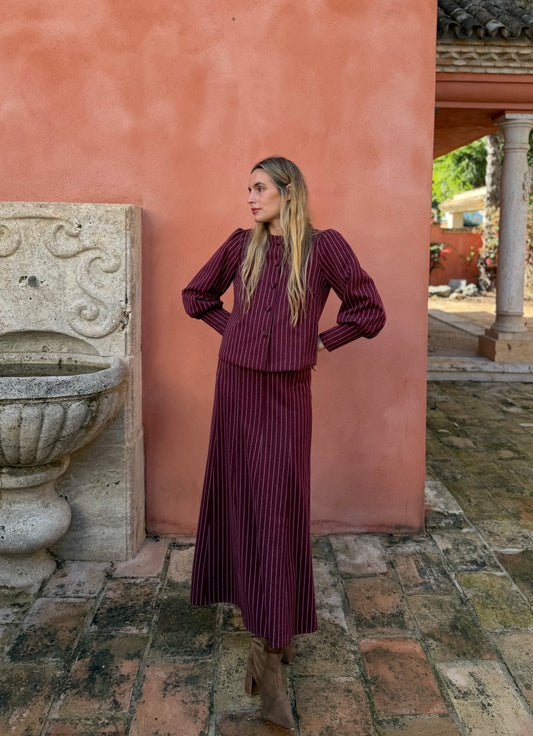 Falda lana raya diplomática burdeos