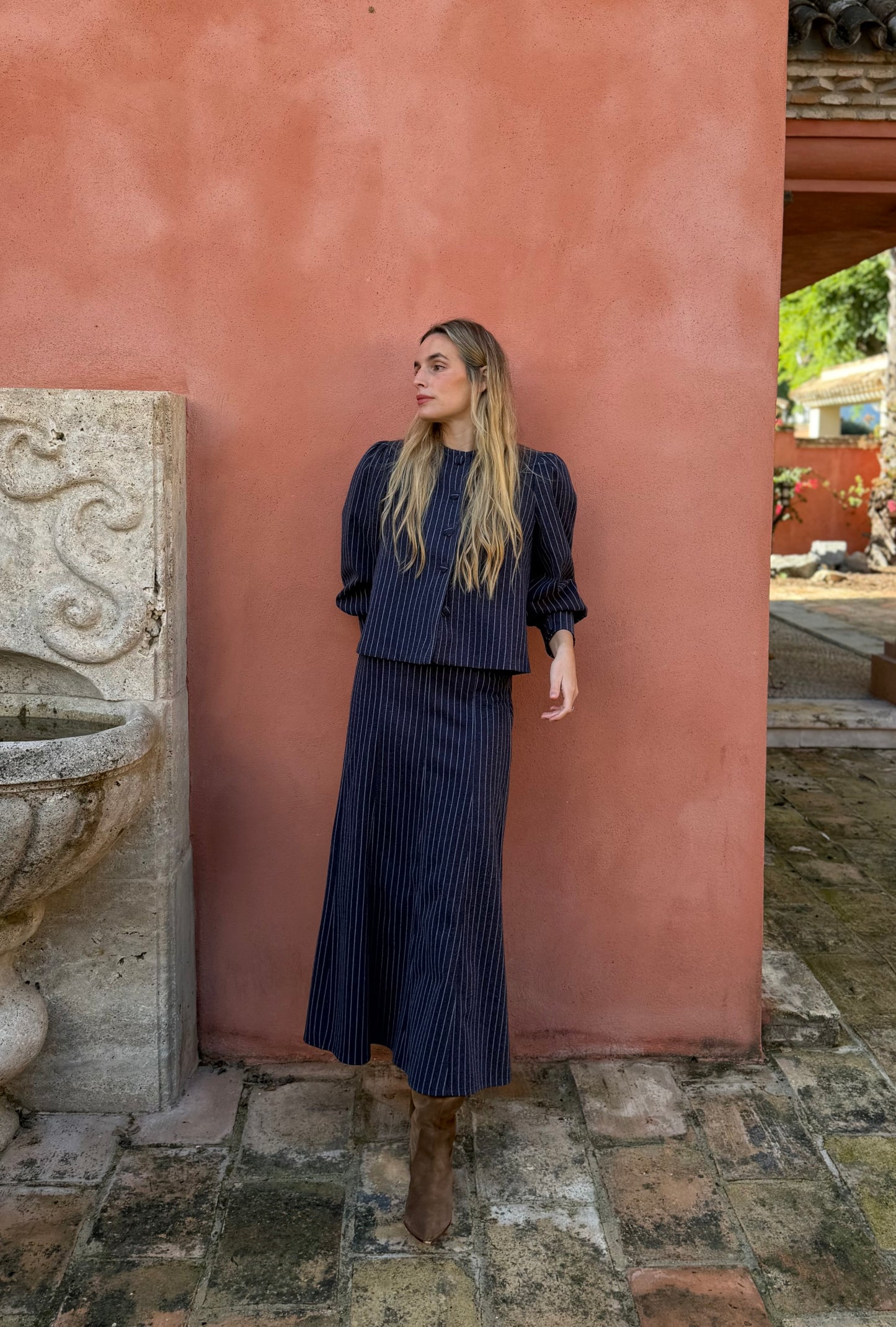 Falda lana raya diplomática azul marino