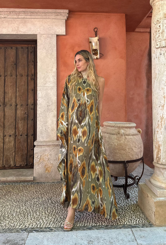 Vestido seda caqui