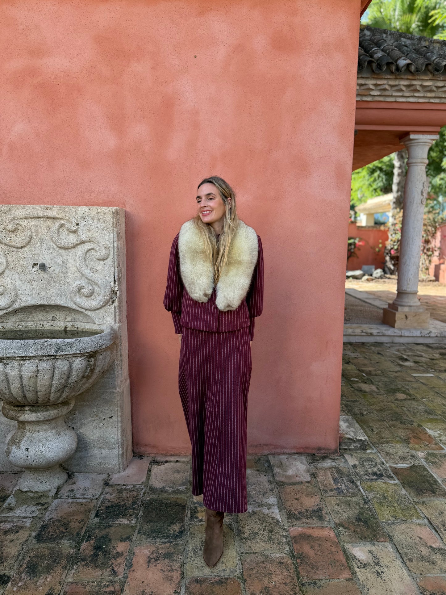 Falda lana raya diplomática burdeos